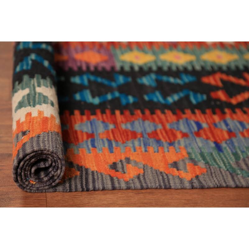 All-Over Geometric Kilim Oriental Area Rug Hand-Woven Wool Carpet - 9'10"x 12'8"