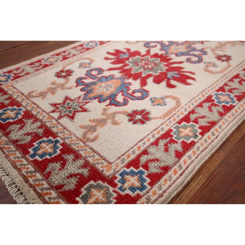 Hand Knotted Oriental 100% Wool Carpet Traditional Geometric Beige & Ivories Kazak Area Rug - 2' 10'' X 1' 10''