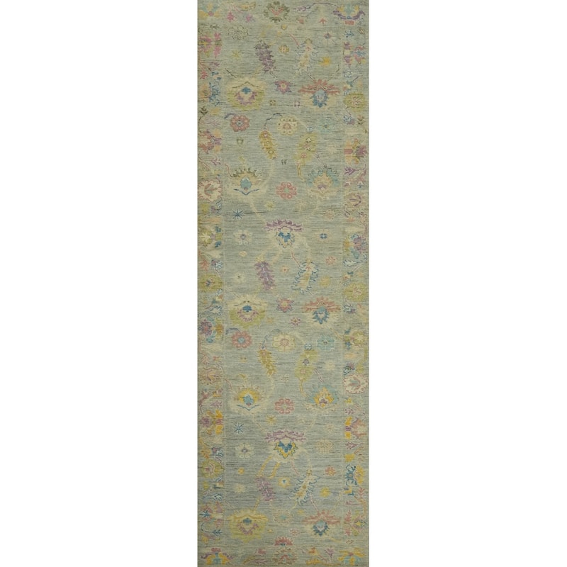Vegetable Dye Gray Oushak Turkish Runner Rug, Floral Geometric Carpet - 11' 5'' X 3' 1''