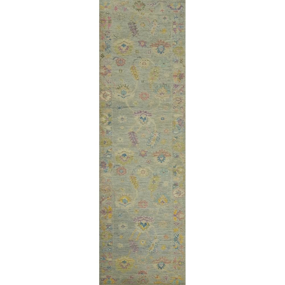 Vegetable Dye Gray Oushak Turkish Runner Rug, Floral Geometric Carpet - 11' 5'' X 3' 1''