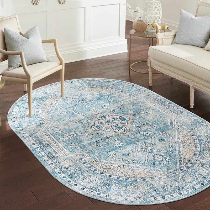 Traditional Haifa Collection Area Rug - Blue - 4'x5'11" Oval