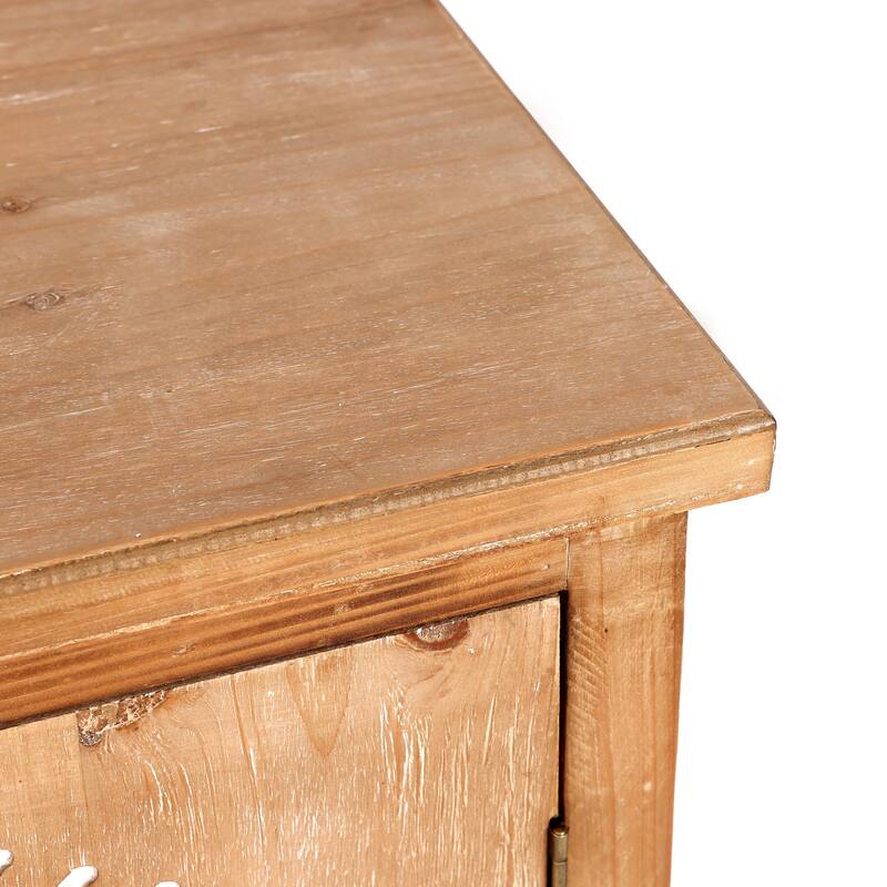 Natural Wood and White Floral 2-Door Storage Cabinet - 32.48" H x 31.5" W x 14.96" D