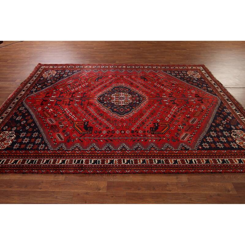 Hand Knotted Oriental 100% Wool Carpet Traditional Tribal Red Shiraz Area Rug - 9' 8'' X 6' 7''