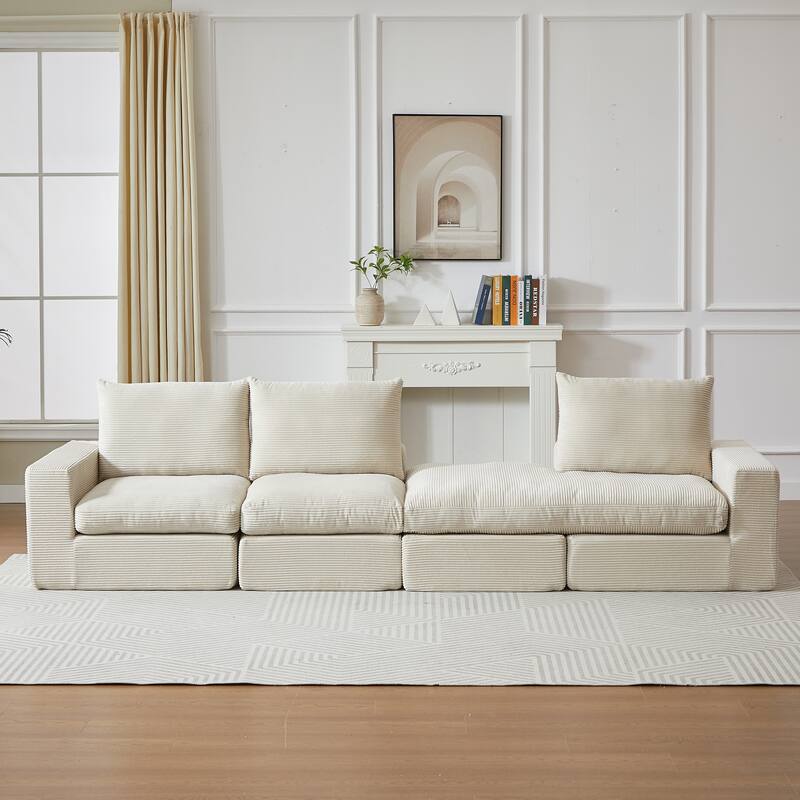 L-Shaped Sectional Sofa with Chaise Lounge, Corduroy Upholstered Boneless Couch, Module Corner Sofa with 3 Pillows