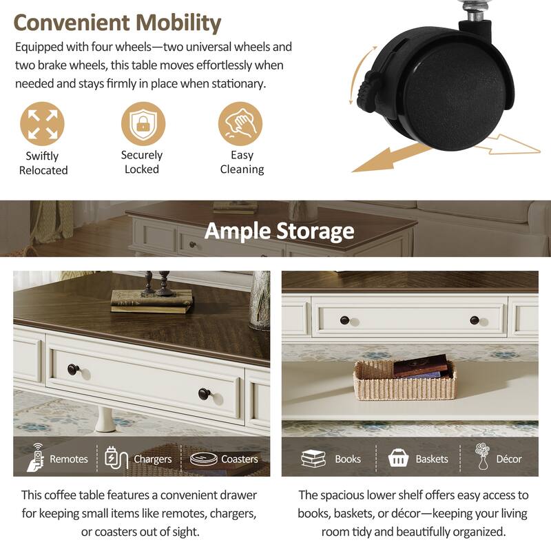 Roomfitters Farmhouse Coffee Table, Retro Wooden Center Table with Drawer, Wheels, and Solid Wood Legs