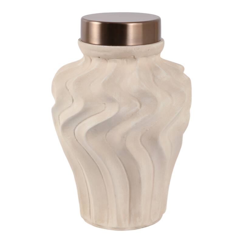 Pottery Jar Wavy Sculpted Tall with Metallic Lid Decorative Accent