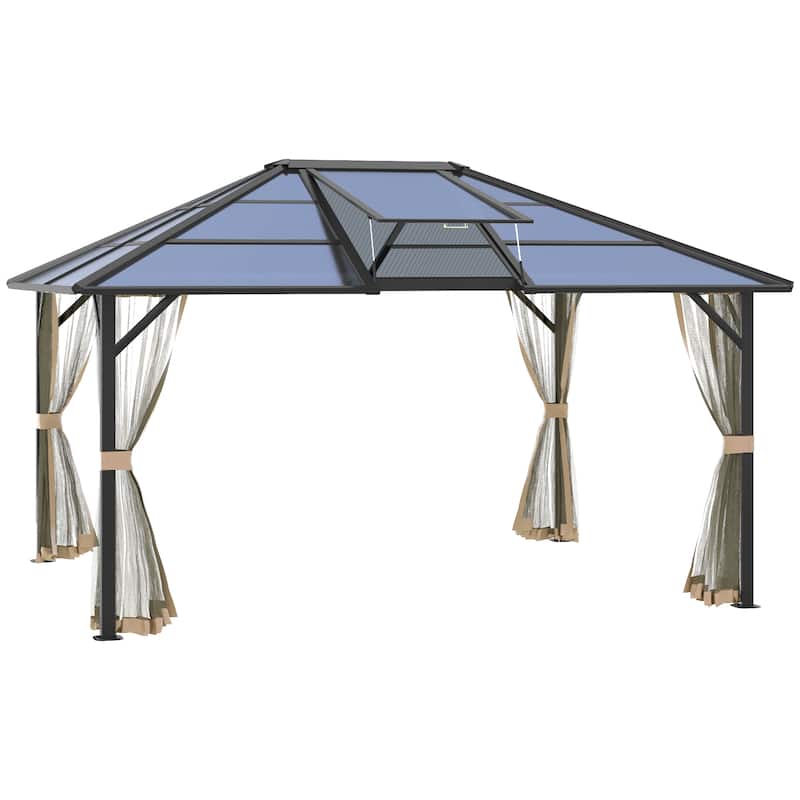 Outsunny 10x12 Hardtop Gazebo with Aluminum/Metal Frame, Polycarbonate Gazebo Canopy with Netting and Top Vent