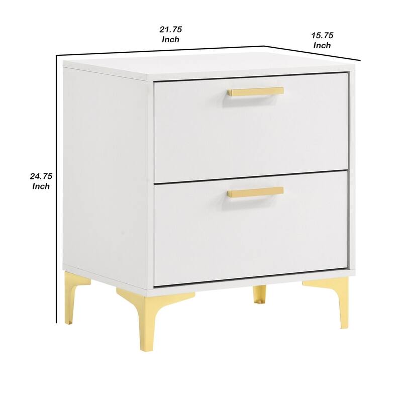 White/Gold 2 Drawer 21.75 in. W Nightstand with Sturdy Hardware and Ample Storage