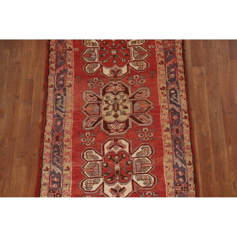 Vegetable Dye Red Heriz Persian Vintage Runner Rug Handmade Carpet - 3'1"x 9'8"