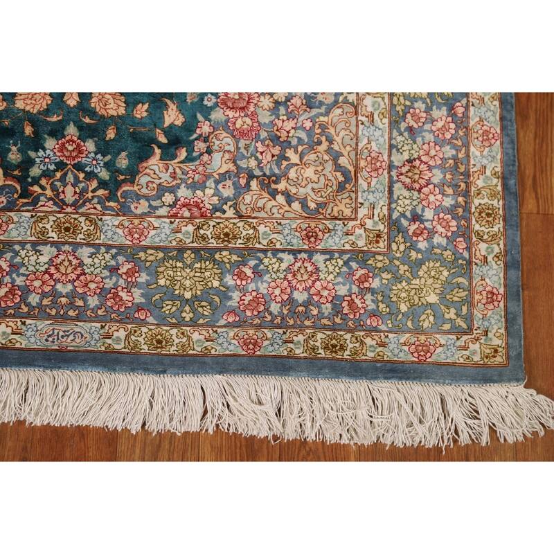 Floral Qum Persian Accent Rug Hand-Knotted Traditional Silk Carpet - 3'5"x 4'10"