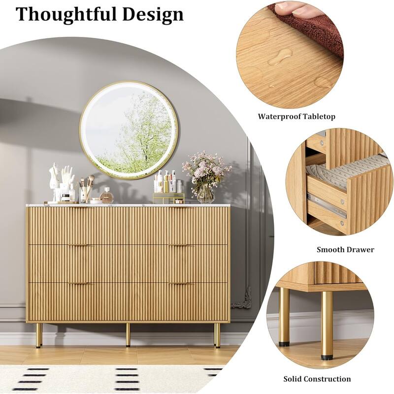 Fluted 6 Drawer Dresser for Bedroom, Large Chest with Gold Handle, Modern Wood Organizer for Living Room or Hallway