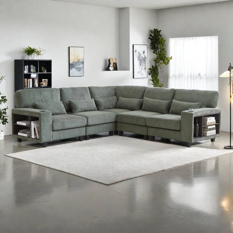 102.75" Corduroy L-Shaped Modular Sectional Sofa with Storage and Cup Holder - Green