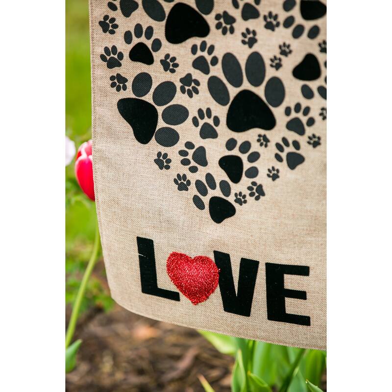 Paw Prints Heart Garden Burlap Flag