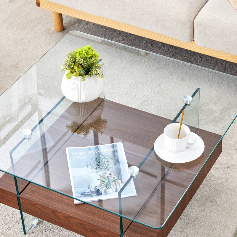 Roomfitters Square Glass Coffee Table with Walnut Finish, Two-Tier Modern Accent Table for Compact Spaces