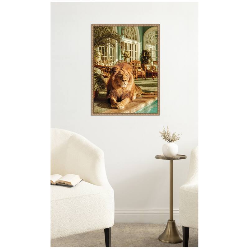 Kate and Laurel Majestic Lion by the Pool by Michael Schauer Framed Canvas Wall Art Print