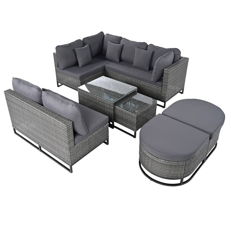 7-Piece Outdoor Wicker Sectional Sofa Set with Coffee Tables, Pillows