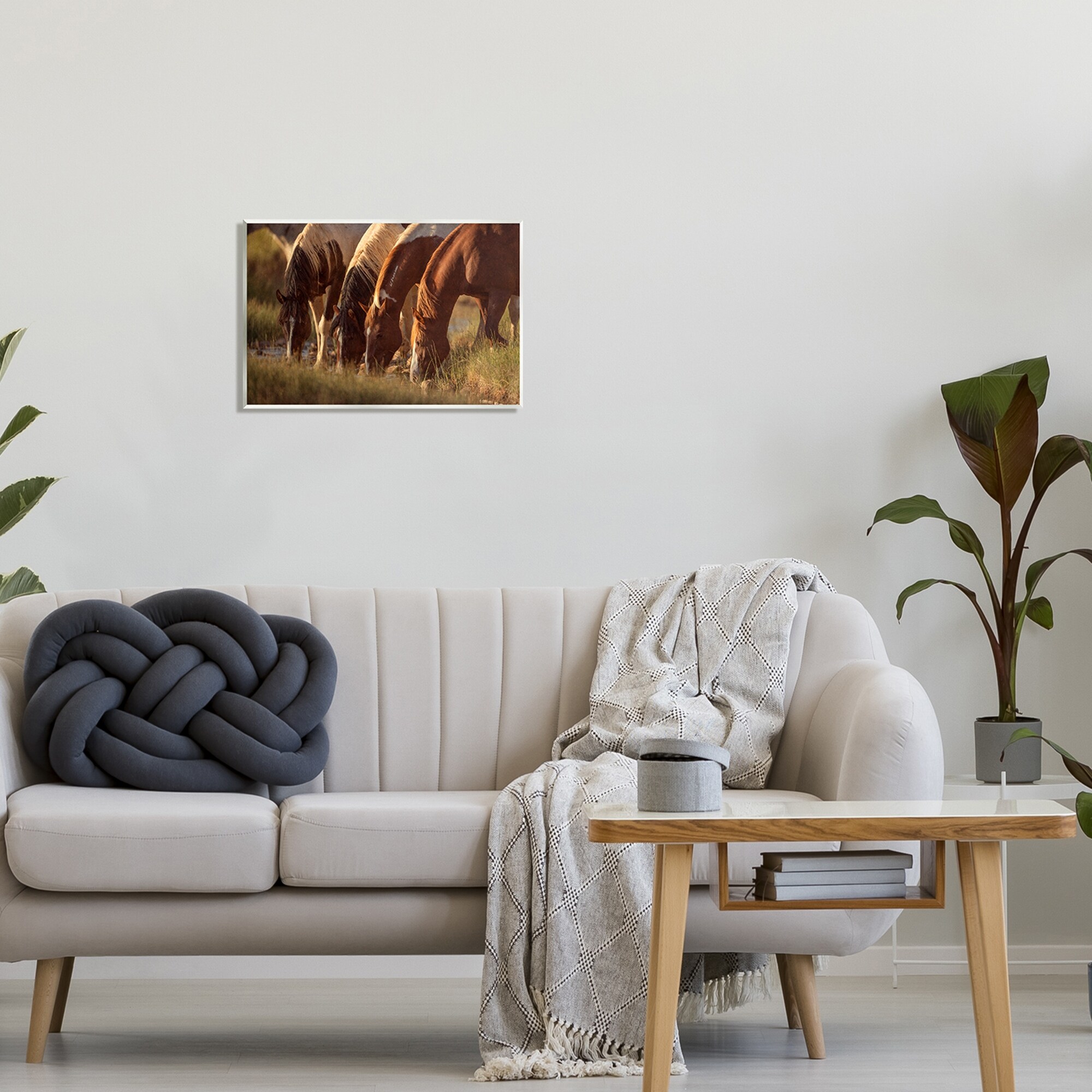 Stupell Sunlit Horses Drinking Water Wildlife Nature Scene Wood Wall Art,-image