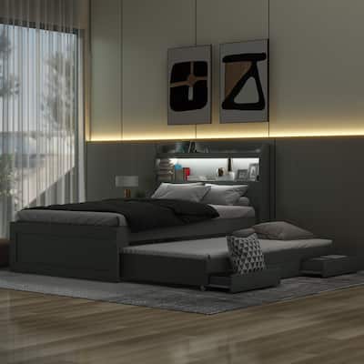 Multifunctional Design Full Size Wooden Bed Frame with Twin Size Trundle