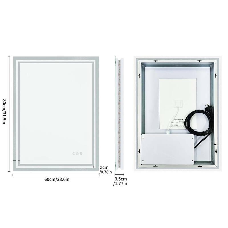 31.5 Inch Rectangle Bathroom Mirror Makeup Mirror with Touch Sensor, IP44 - 600x800mm