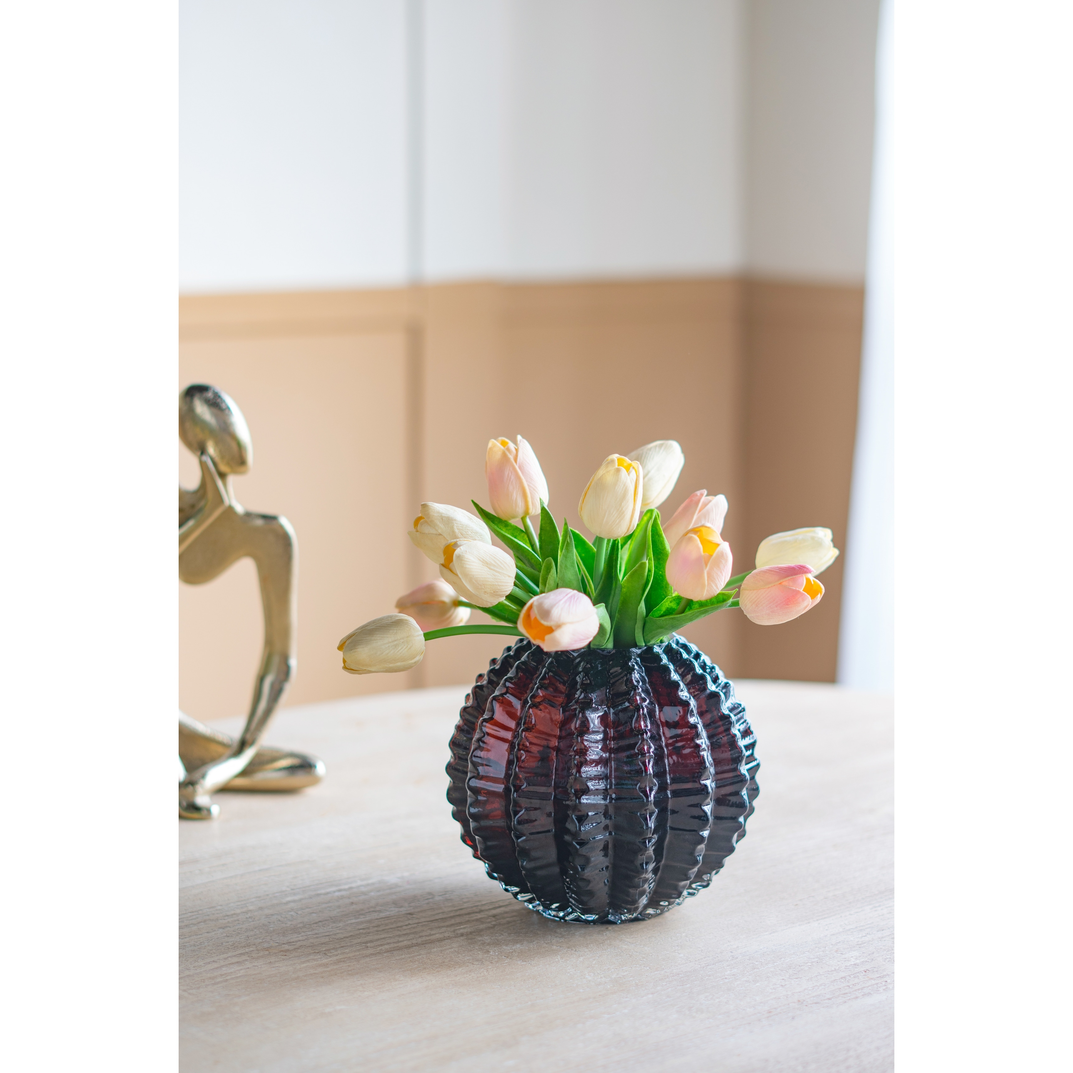 D6.7X6" Textured Round Glass Vase With Amber Finish