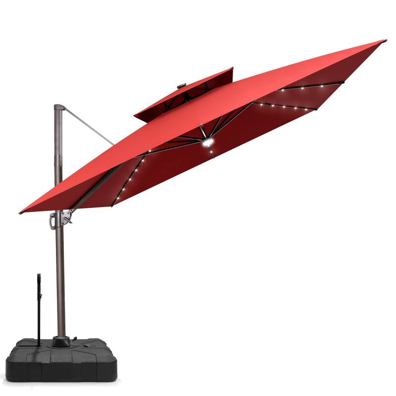 VredHom 11 FT Square Outdoor Patio Cantilever Umbrella Solar LED Lighted with Rod Base - Red