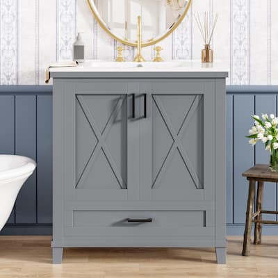 30-Inch Solid Wood & MDF Vanity – Single Sink, 2 Soft-Close Doors, Divided Drawer, Dual Shelves‌
