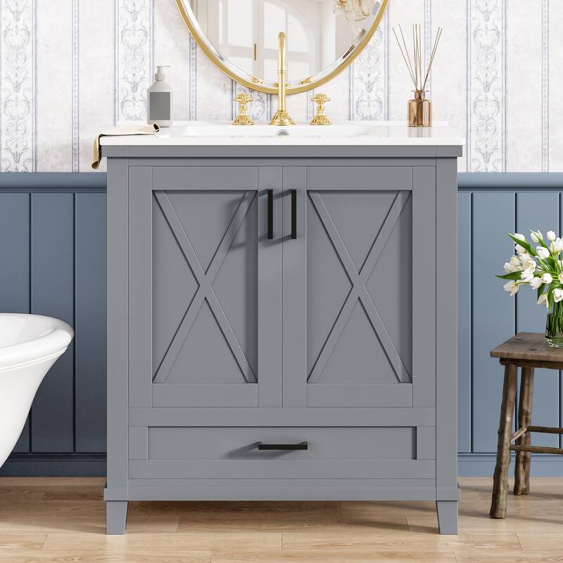 Bathroom Vanity with Sink, Freestanding Bathroom Storage Cabinet, Bathroom Cabinet with 2 Soft-Close Doors & 1 Divided Drawer