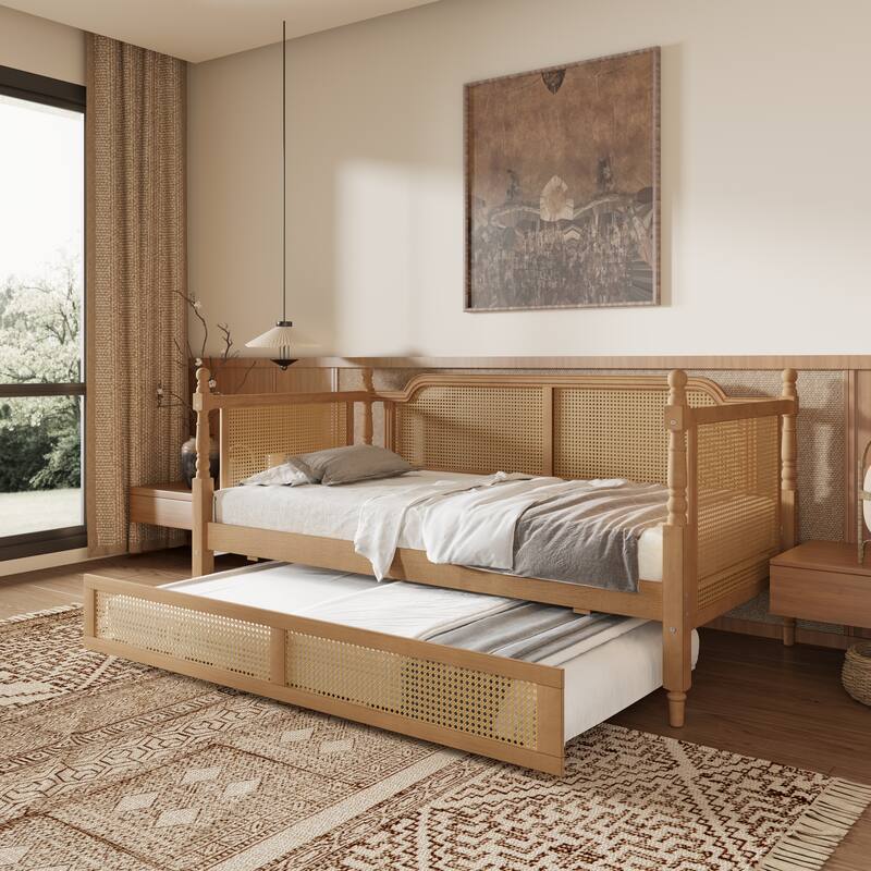 Rattan Frame Daybed with Pull-out Storage Drawers Bookcase Bed - Wooden Sofa Bed with Trundle Bed Platform Bedframe - Open Bed