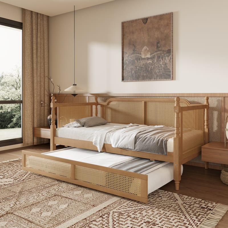 Twin/Full Rattan Bed Frame with Twin Size Trundle & Curved Headboard, Wood Bedframe Daybed for Limited Space, Bedroom Guest Room