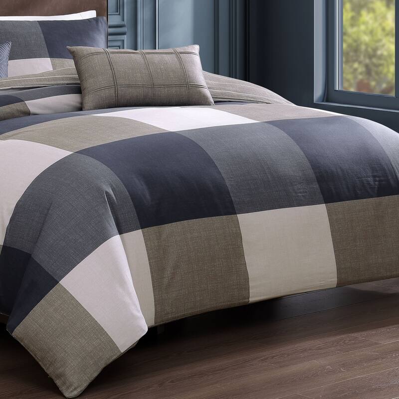 Bebejan Checkered Navy Tan 100% Cotton Sateen 5 Piece Reversible Comforter Set