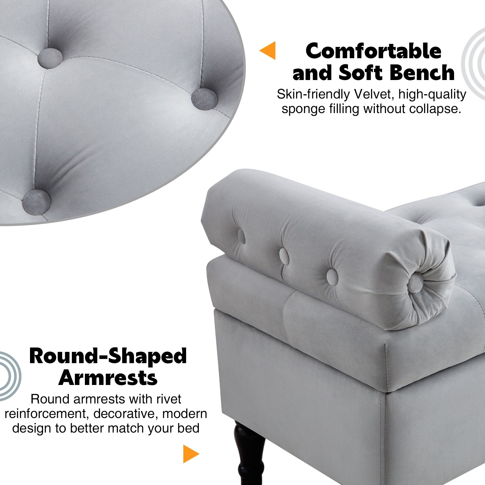 57'' Upholstered Velvet Tufted Storage Bench with Round Arms