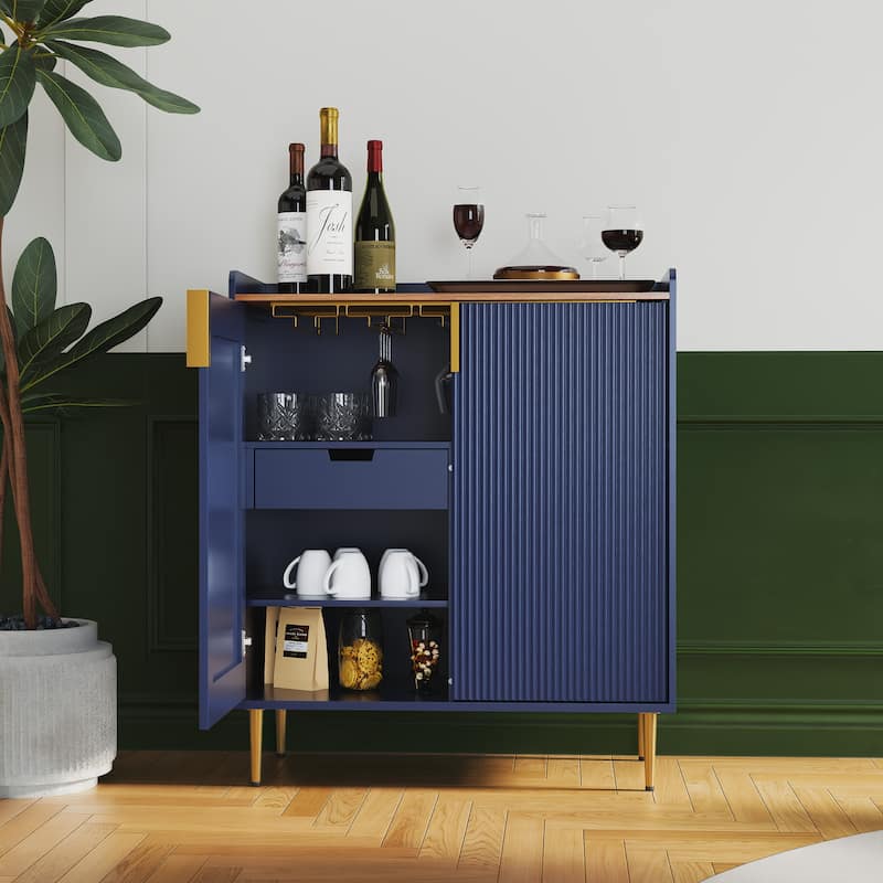 31.6'' Modern Coffee Bar Cabinet with Wine Racks and Storage Drawer - Blue