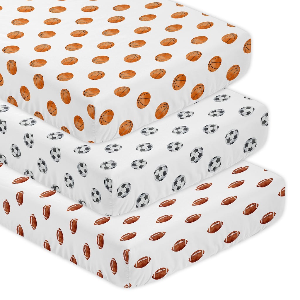 Sweet Jojo Designs Sports Theme Boy 3 Pack Fitted Crib Sheets - Football Basketball Soccer Watercolor Vintage Sport Themed Balls