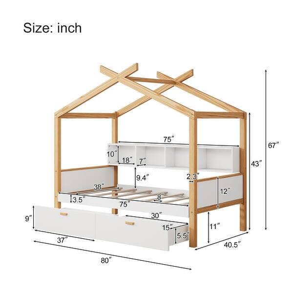 dimension image slide 0 of 3, Wooden House Bed Wood Color Frame with 2 Drawers and Bookshelf Storage Space