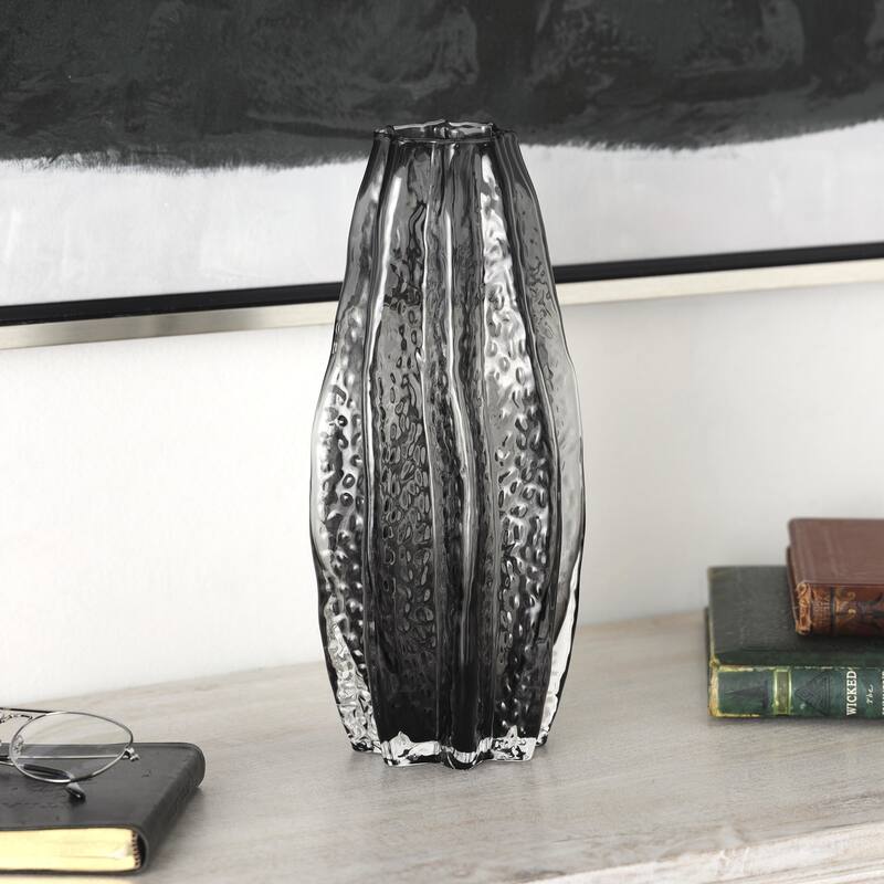 Glass Handmade Bubble Textured Ombre Decorative Vase with Wavy Body - Black - Roche River Decor