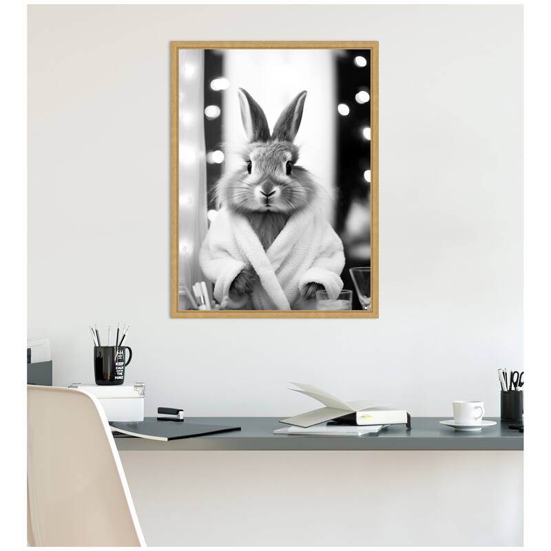 Kate and Laurel Sylvie Bunny Glam Bathroom Art Towel Robe Black and White Framed Canvas by The Creative Bunch Studio