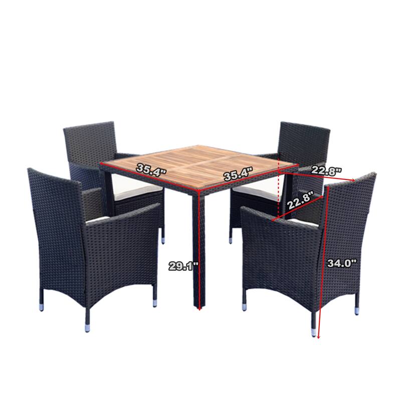 5 Piece Outdoor Conversation Set with 4 Chairs and Acacia Wood Table, Patio Rattan Dining Set with Cushions