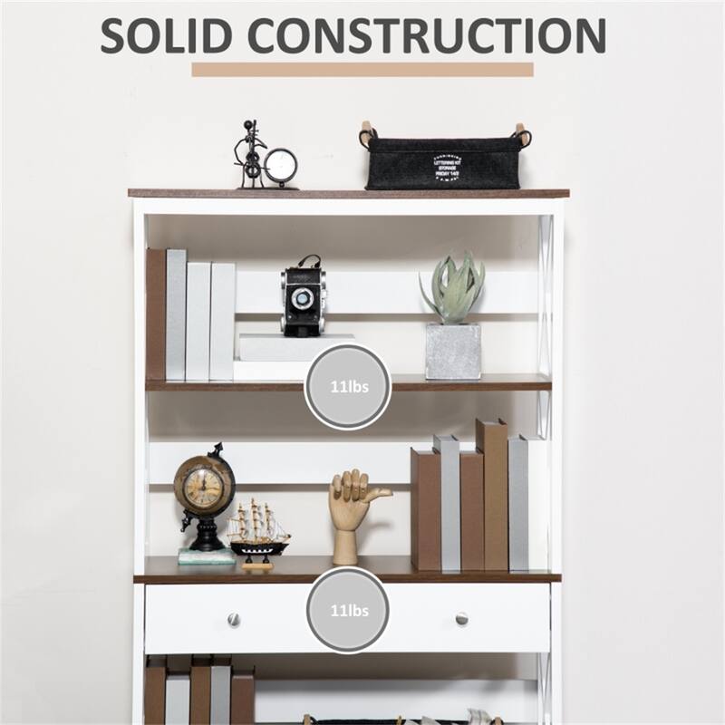 Freestanding 4 Tier Modern Walnut White Bookshelf with Storage Drawer for Living Room or Office - 31.5" W x 11.75" D x 59.75" H
