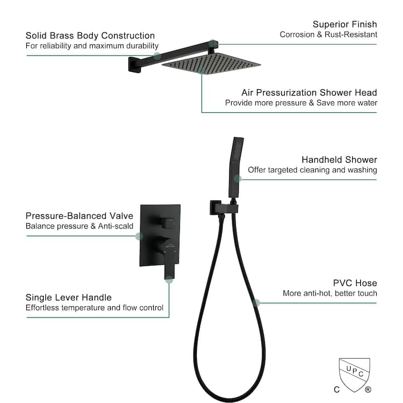 2.5 GPM 10 in. Wall Mount Dual Shower Heads with Pressure Balance Valve
