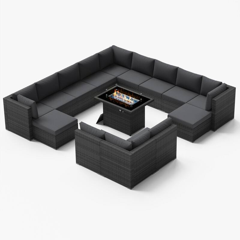 FINCATI Outdoor Grey Wicker Sectional Furniture Patio Sofa Set with Firepit Table
