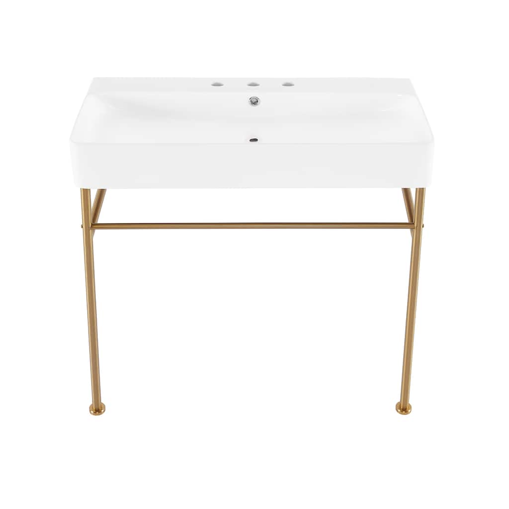 Carre 36" Console Sink White Basin Brushed Gold Legs With 8" Widespread Holes - 35" x 16" x 34.7"