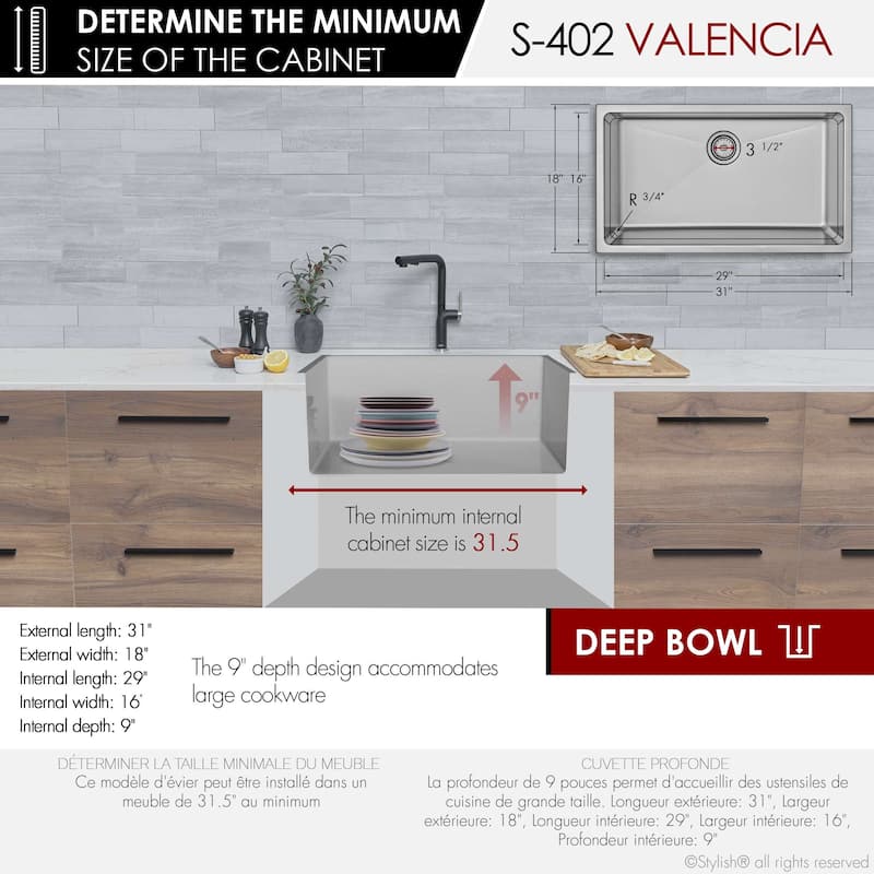STYLISH Dual-Mount 31" Single-Bowl Stainless Steel Kitchen Sink with Strainer - 31" x 18" x 9"
