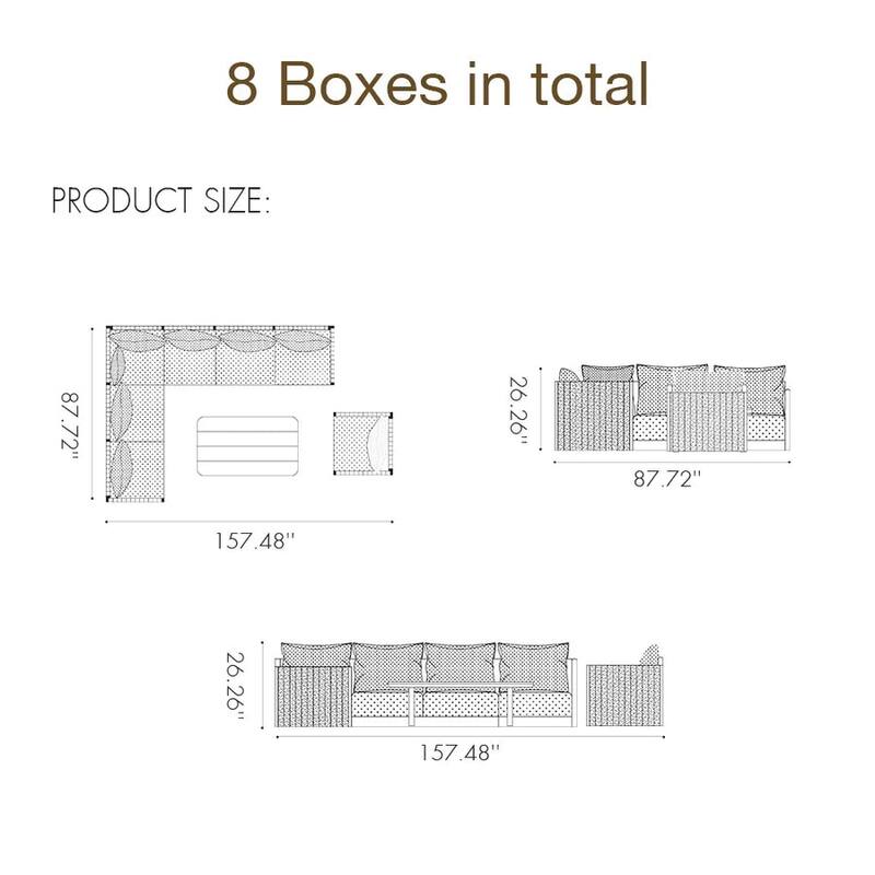 PURPLE LEAF Santori L-shape 7 Piece Khaki Sofa with Ottoman and Cushion for Poolside Garden Outdoor Patio Conversation Set