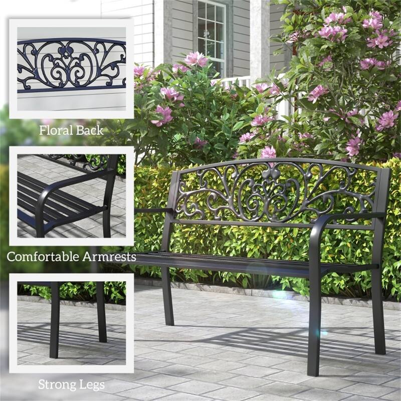 Outdoor Steel Garden Bench with Floral Backrest Two Seat Patio Seat for Yard Porch and Garden - 50" L x 23.5" W x 34.25" H