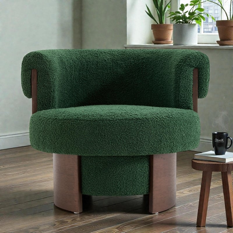 Modern 32'' Curved Sculptural Swivel Barrel Chair, 360° Swivel Base, Upholstered Accent Chair - Green