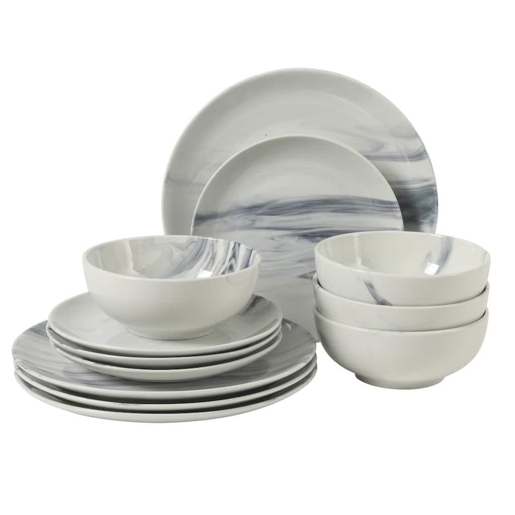Gibson Home Cloudlight 12 Piece Plates and Bowls Dishes - Decorated Porcelain Ceramic Dinnerware Set - Service for 4