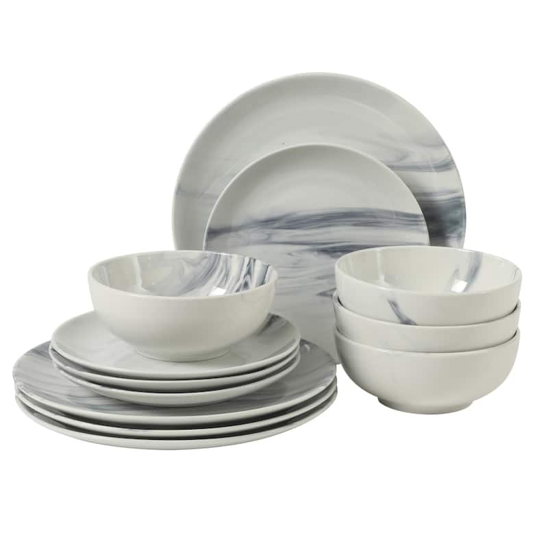 Gibson Home Cloudlight 12 Piece Plates and Bowls Dishes - Decorated Porcelain Ceramic Dinnerware Set - Service for 4 - Blue