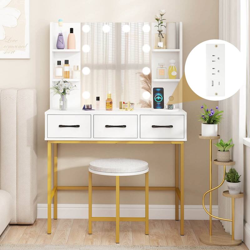 Costway Vanity Desk with Mirror Lights Power Outlets 4 Open Shelves 3 - See Details