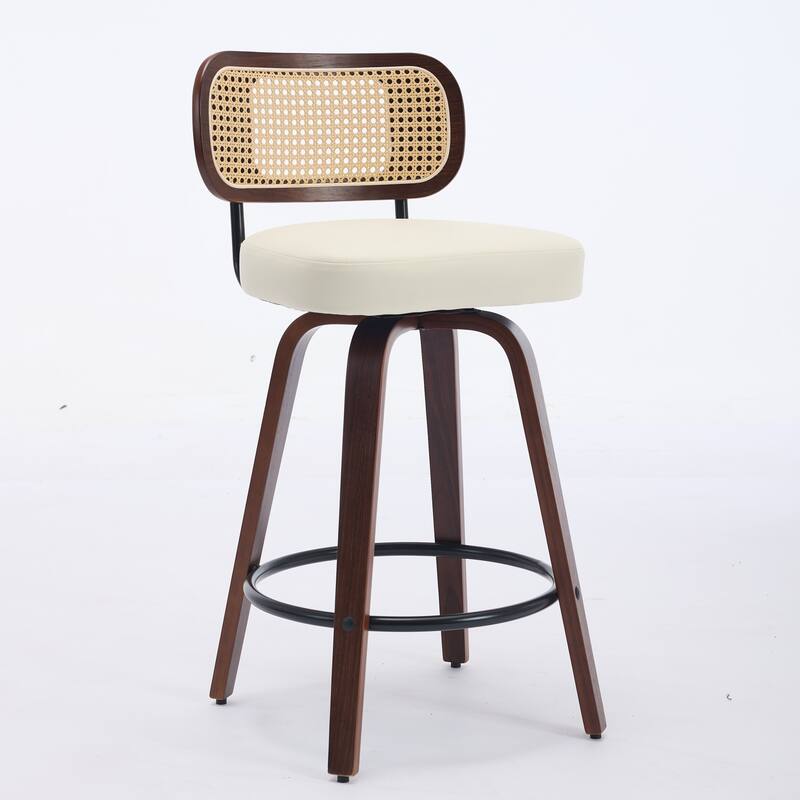 Set of 2 Counter Height Bar Stools, Swivel Counter Stools with Walnut Frame, Rattan Weave Back and PU Leather Padded Seat