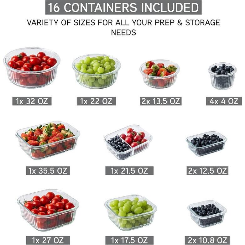 COOK WITH COLOR Premium 32-Pc. Borosilicate Glass Food Container Set with Dividers Leakproof Lids - Meal Prep, Storage